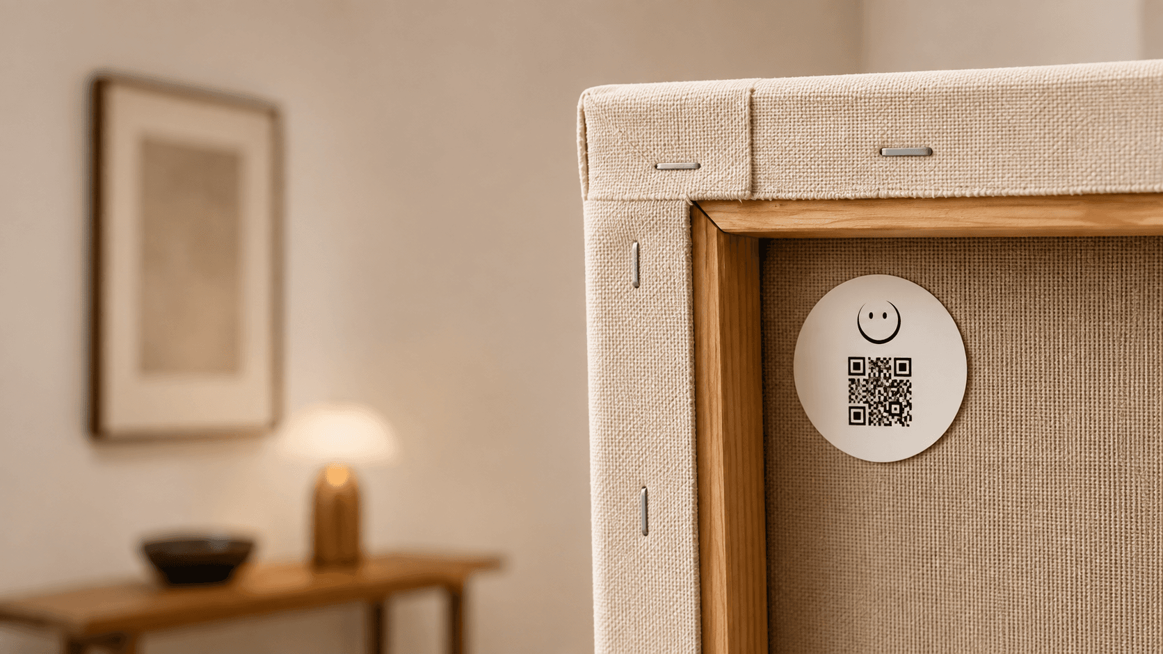 The reverse of a canvas with a round VeraTag showing its smiley and QR code