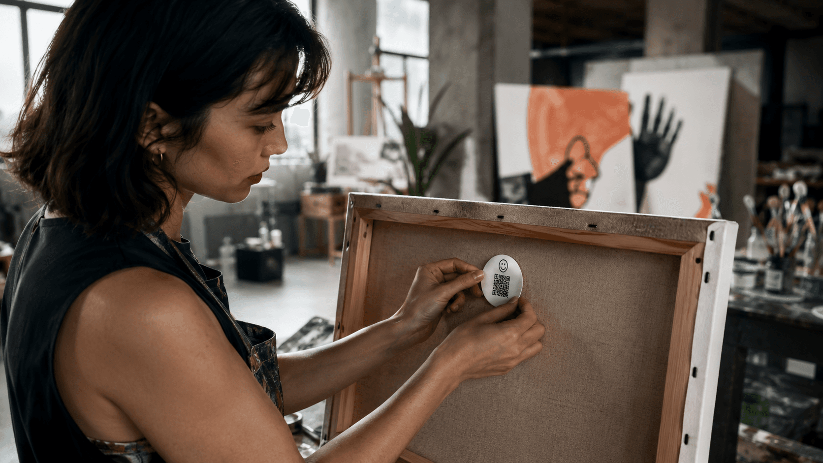 An artist applying a round VeraTag to the reverse of a canvas