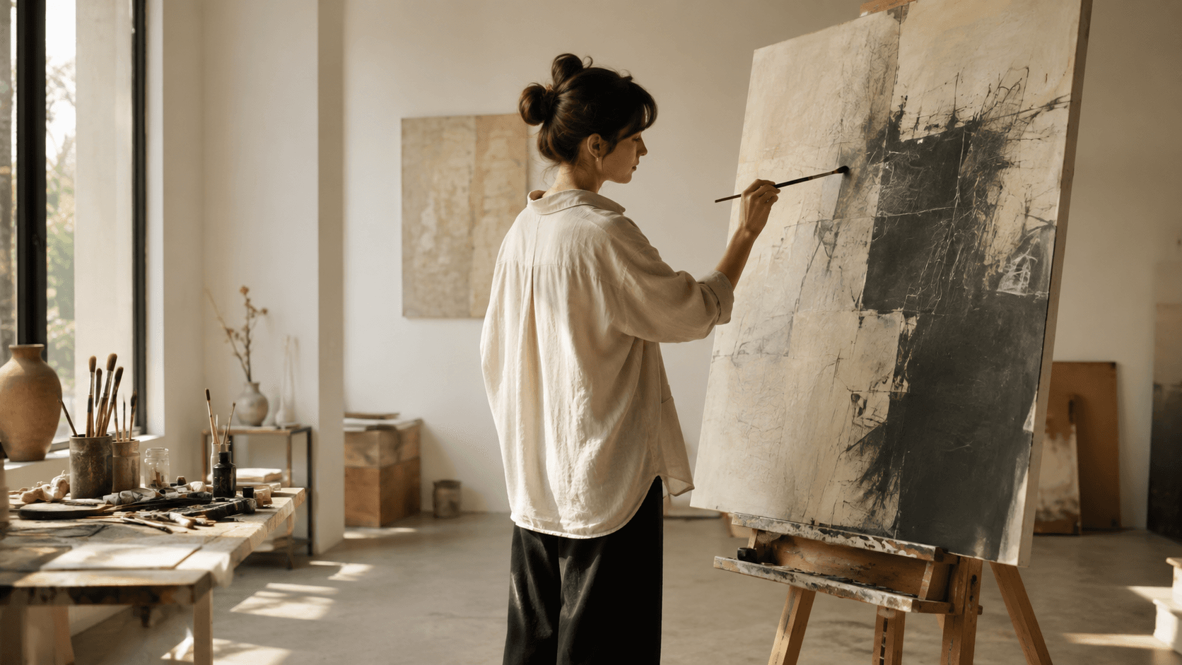 An artist painting a large abstract work in a sunlit studio
