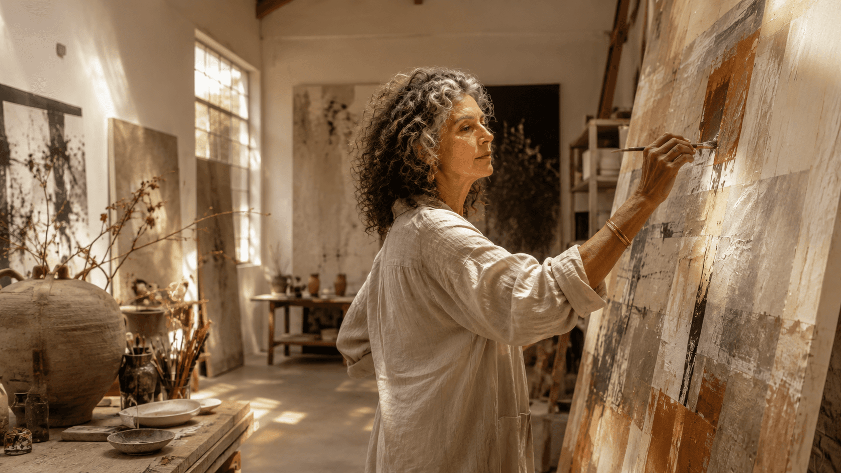 An artist developing a large abstract work in a warm, neutral studio
