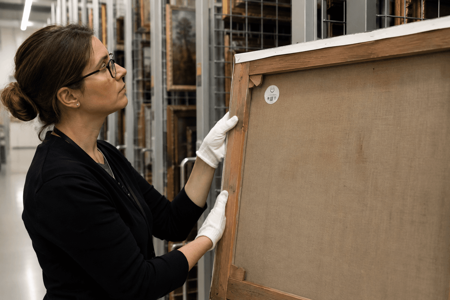 A gallery professional inspecting the reverse of a tagged canvas